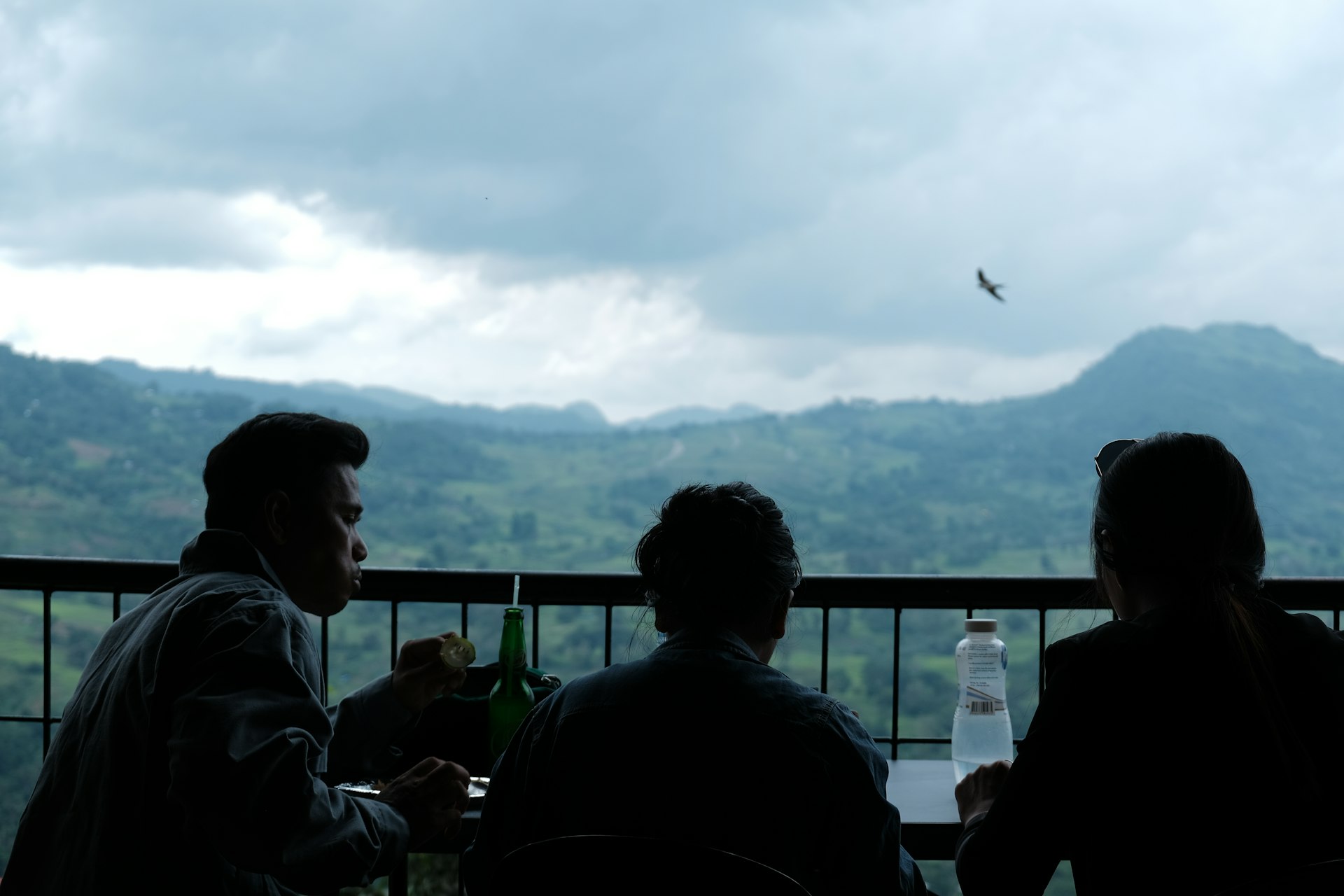 Three people looking at a mountain landscape